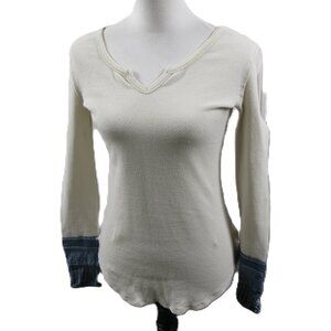 Free People Cream/Blue Long Sleeve Thermal Knit Top Size Large